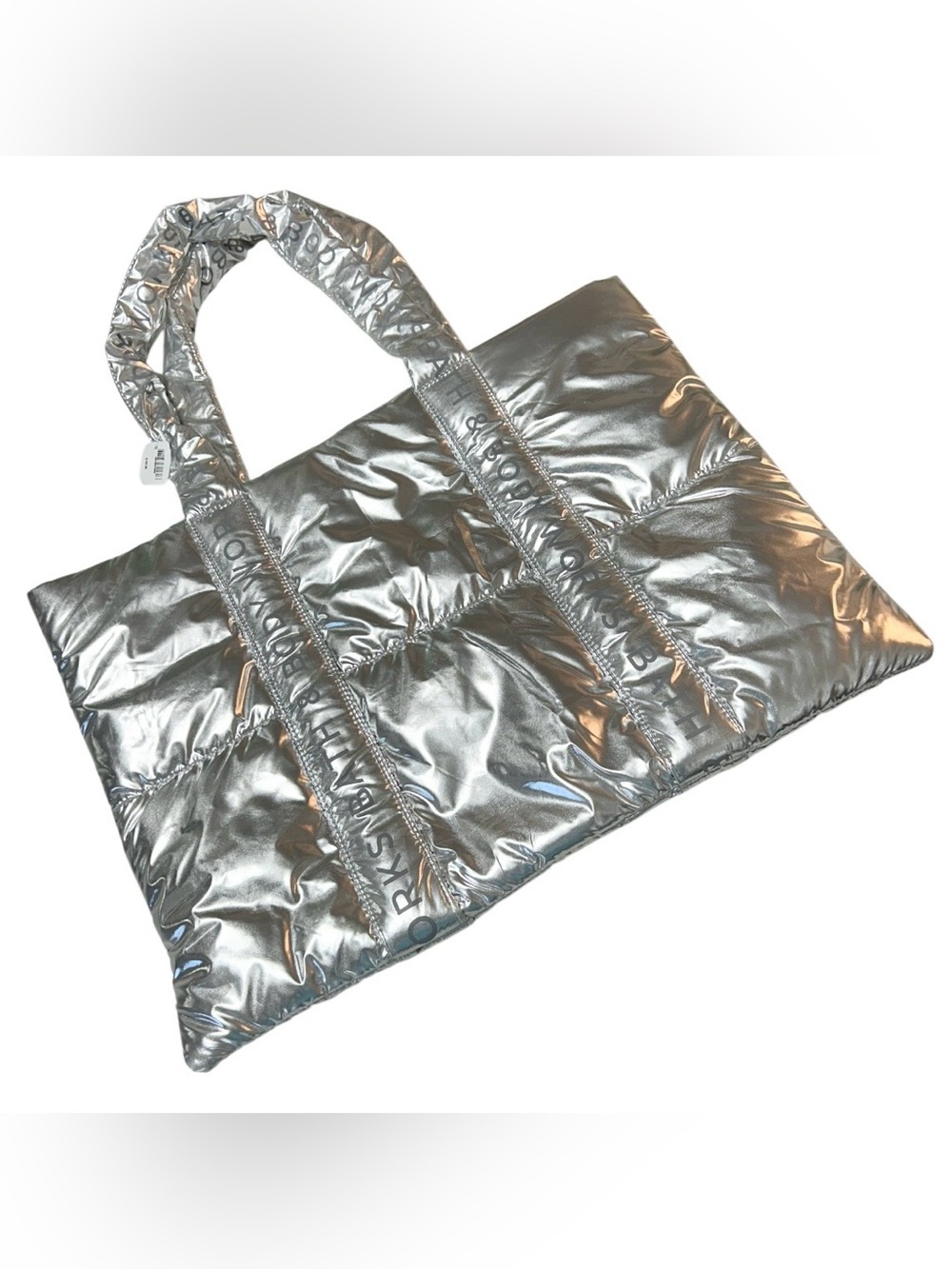 Bath & Body Works Women Metallic Silver Quilted Tote Puffer-Style Logo Strap NWT